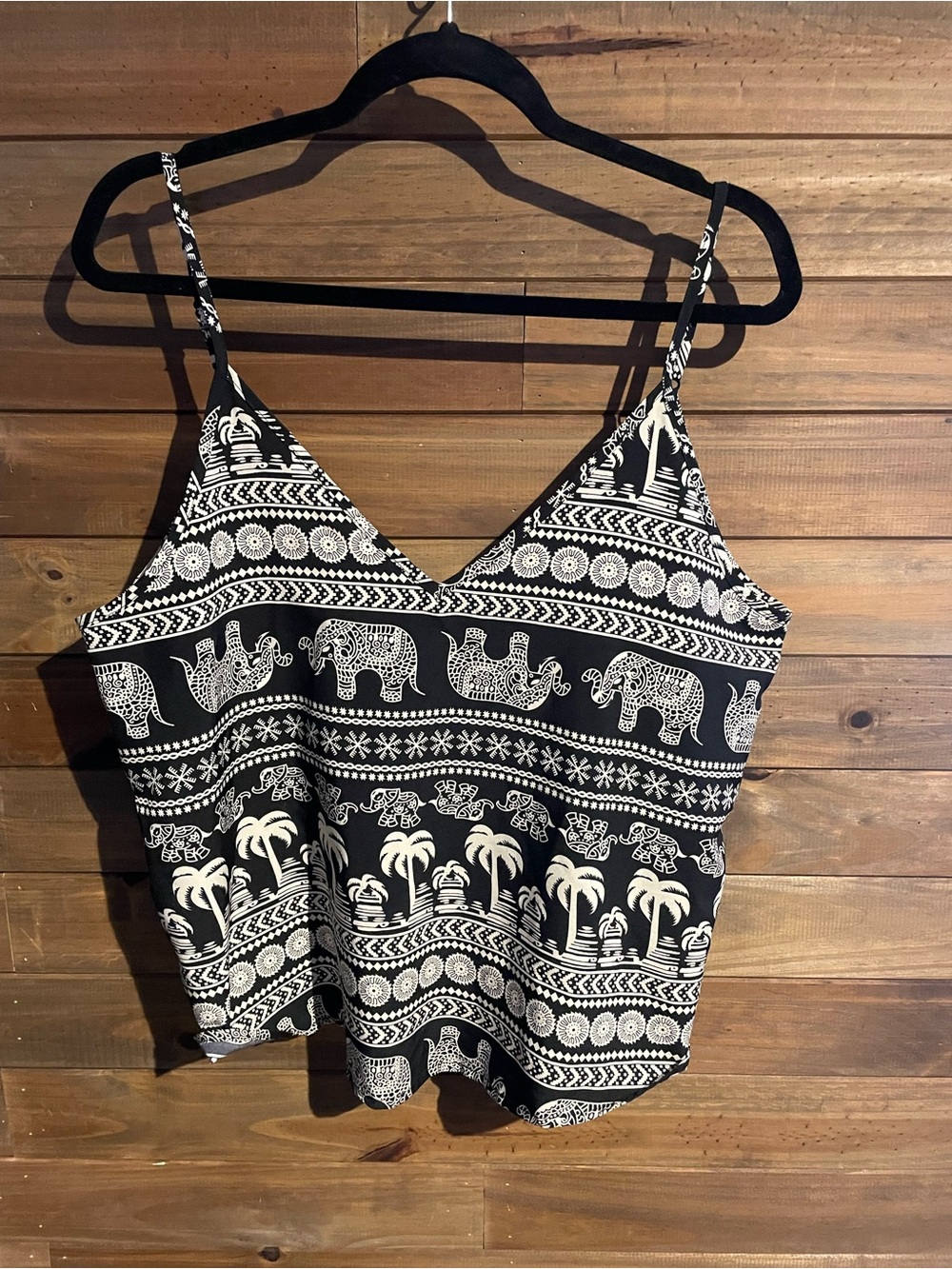 Black & White Elephant Print V-Neck Cami Top
